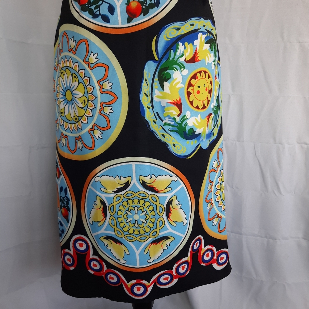 Pencil Skirt Womens Small / Med Ceramic Plate Print Black Multicolored Side Zip - Picture 12 of 14